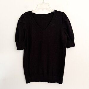 black knit v neck puff shoulder sweater top S